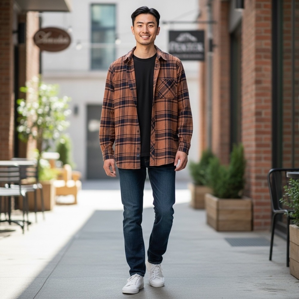 GAP Mens Flannel Shirt Large Orange Navy BluePlaid LongSleeve Button Down Cotton